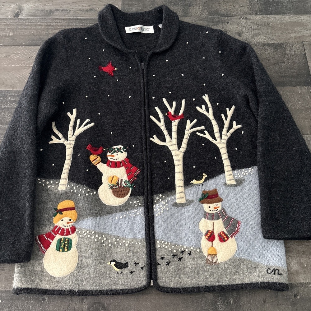 Vintage Claire Murray Sweater Womens L Full zip Winter theme Snowmen birds Trees